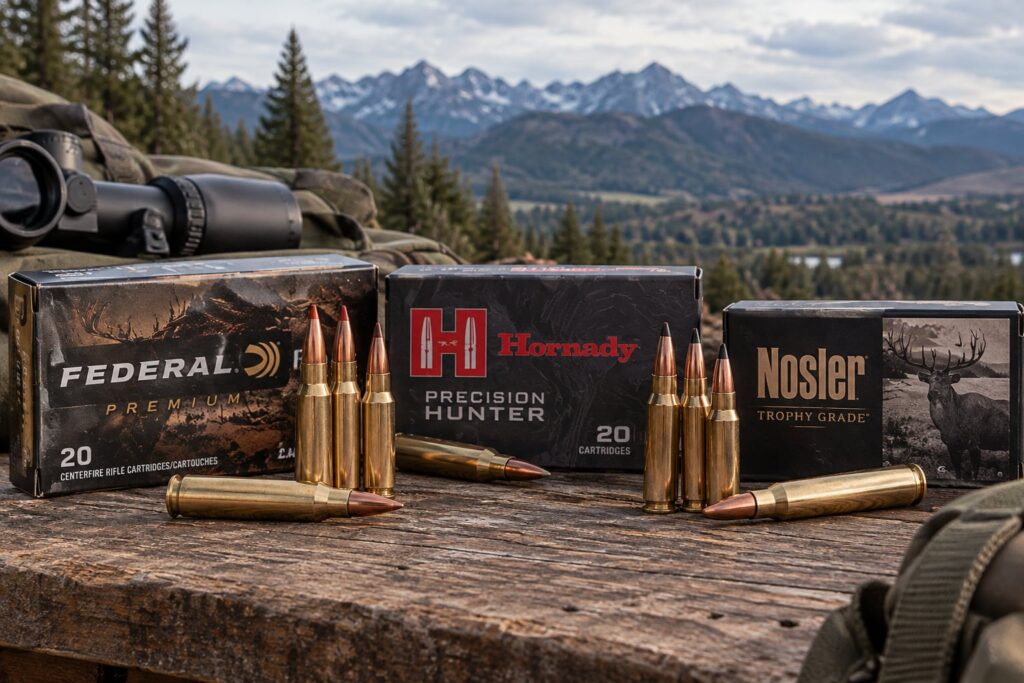 Assortment of popular hunting rifle cartridges arranged on a wooden surface with mountain scenery in the background.