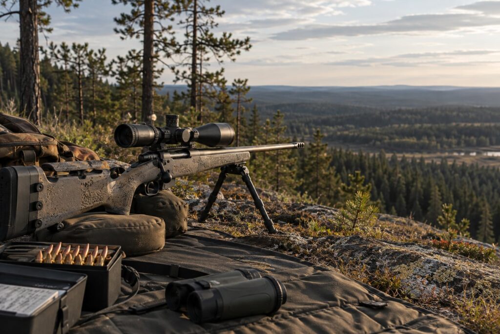 Precision bolt-action rifle with mounted scope and bipod positioned on a rocky overlook above a forested valley for long-range shooting.