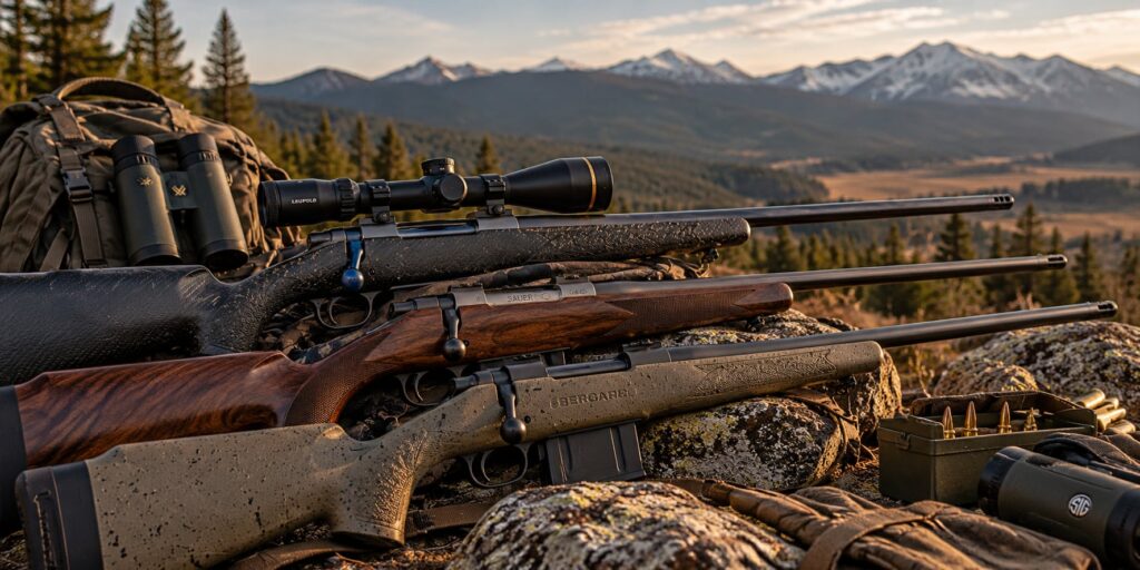 Premium Bergara, Winchester, and Sauer hunting rifles with mounted scopes displayed outdoors against a mountain landscape.
