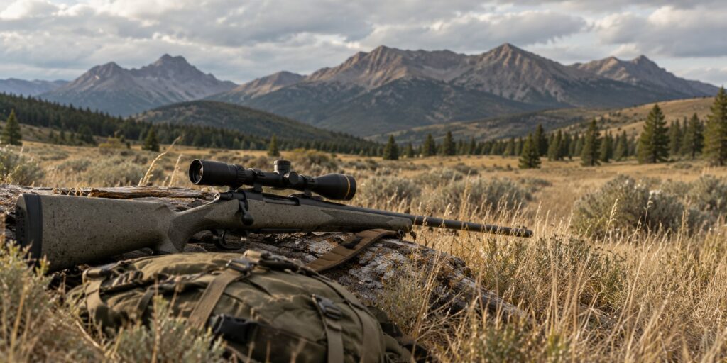 Bolt-action hunting rifle with scope resting in a grassy field with mountains in the background.